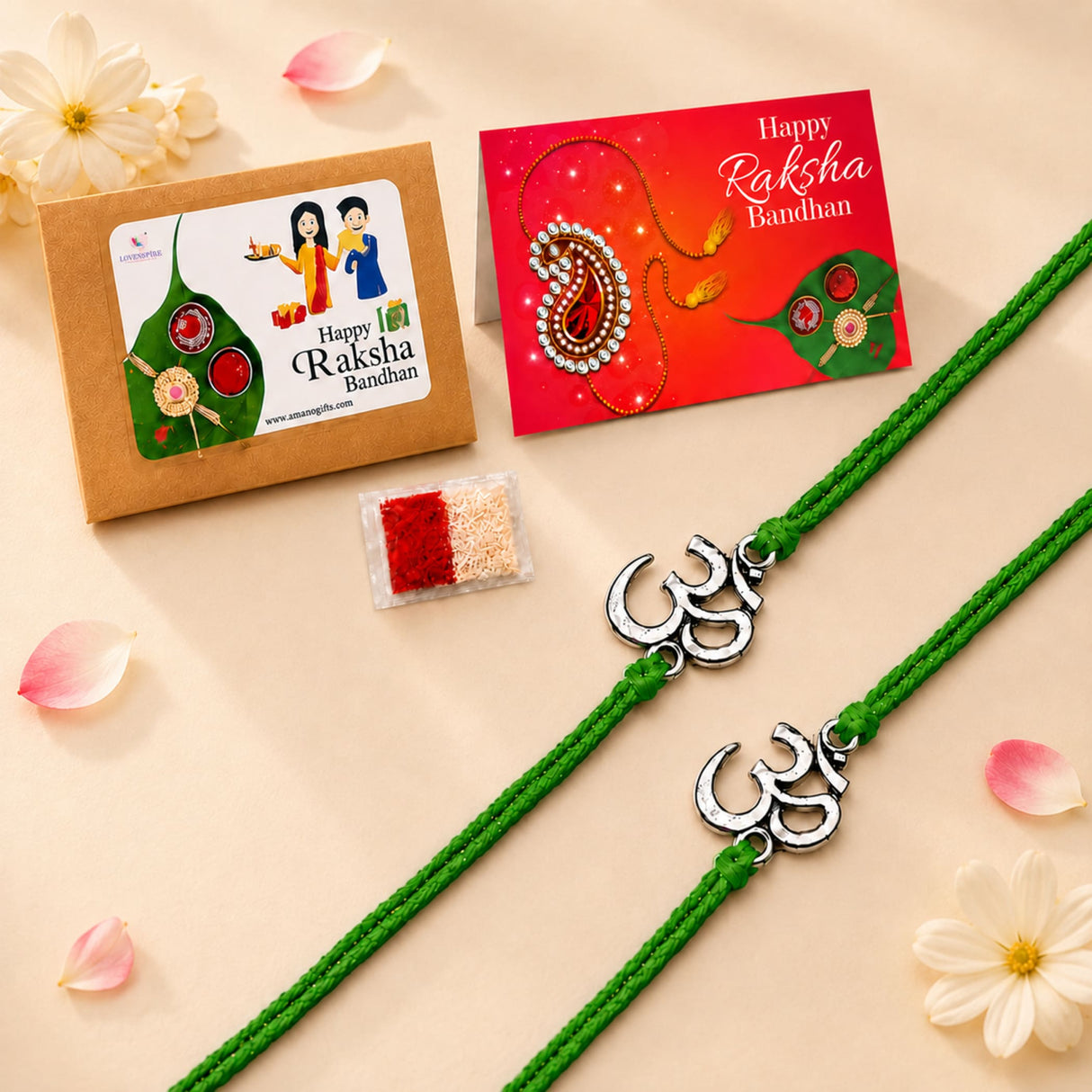 Green braided rakhi with silver om charm, traditional handmade raksha bandhan bracelet for brother and bhabhi