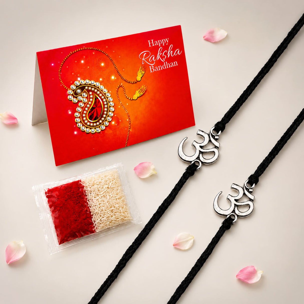 Silver om shaped charms on black cord rakhi bracelets designer om rakhi set for brother and bhabhi gift