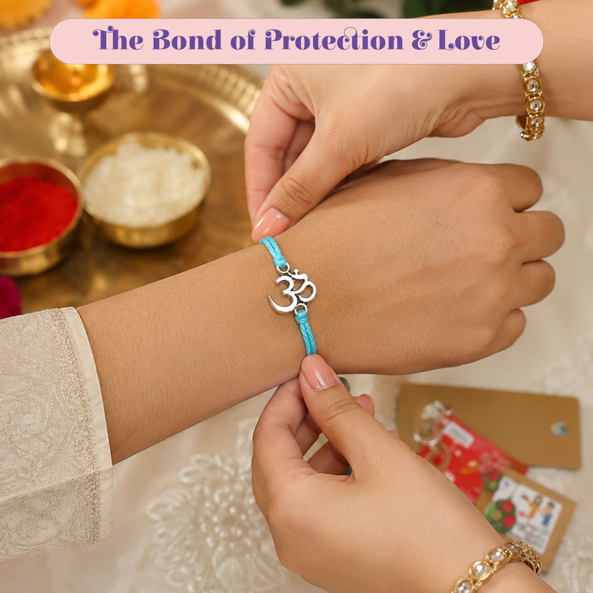 Turquoise cord bracelet with silver om symbol charm, handmade designer om rakhi for brother and bhabhi protection gift