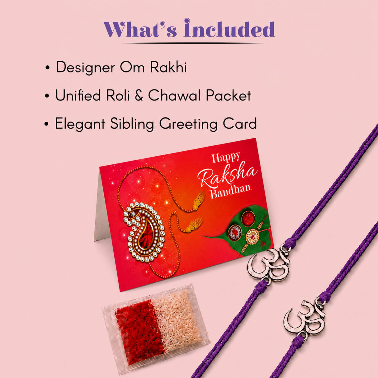 Designer om rakhi for brother and bhabhi featuring purple braided cord with silver-toned om charm for protection and good luck