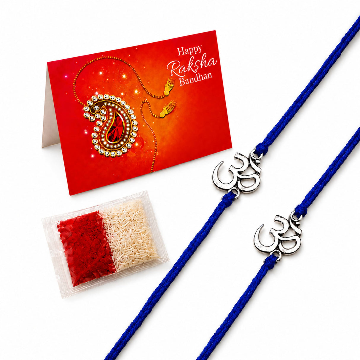 Two blue cord designer Om rakhi bracelets with silver charms for brother and bhabhi protection and good luck gift