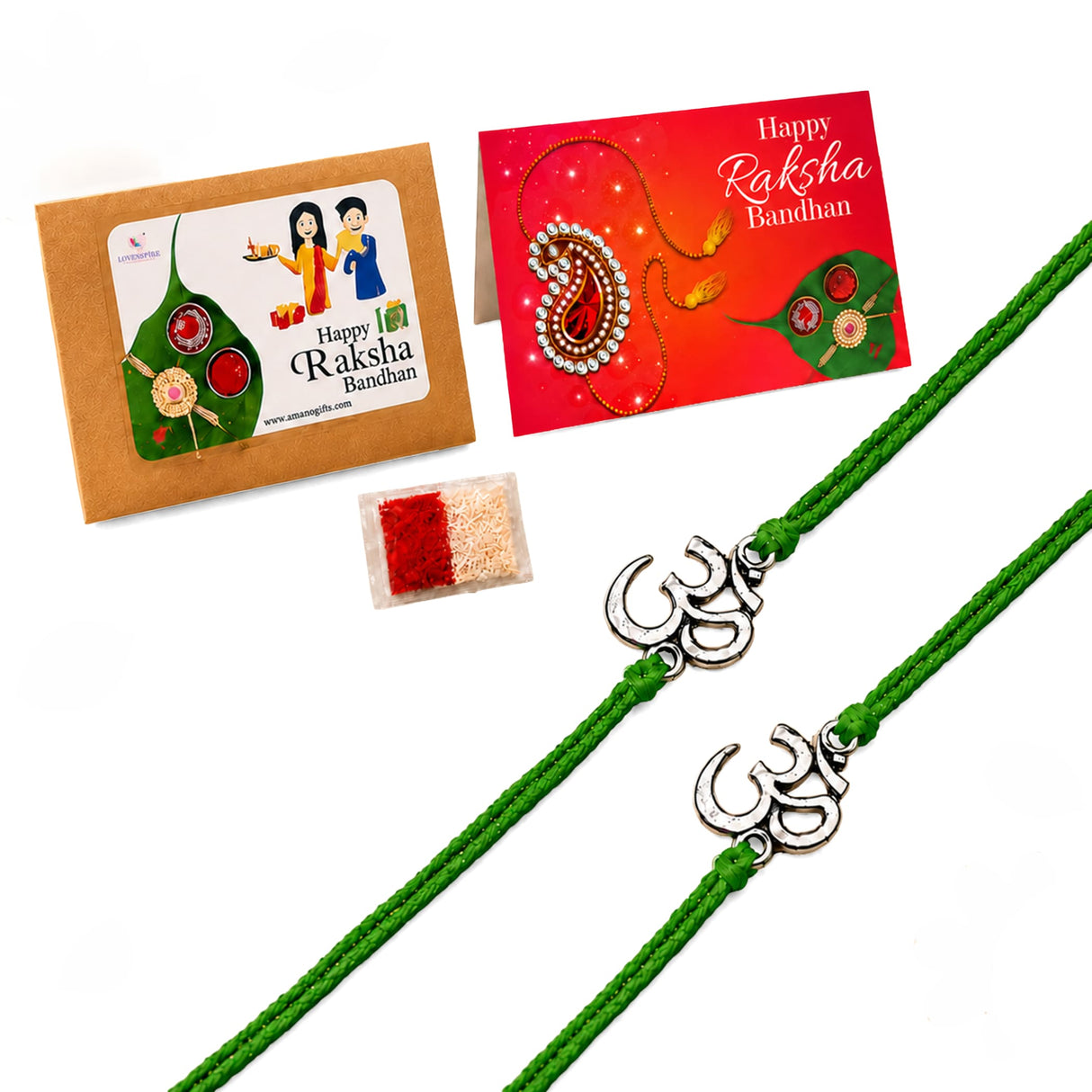 Green braided cord rakhi with silver om charm designed for brother and bhabhi traditional handmade protection bracelet
