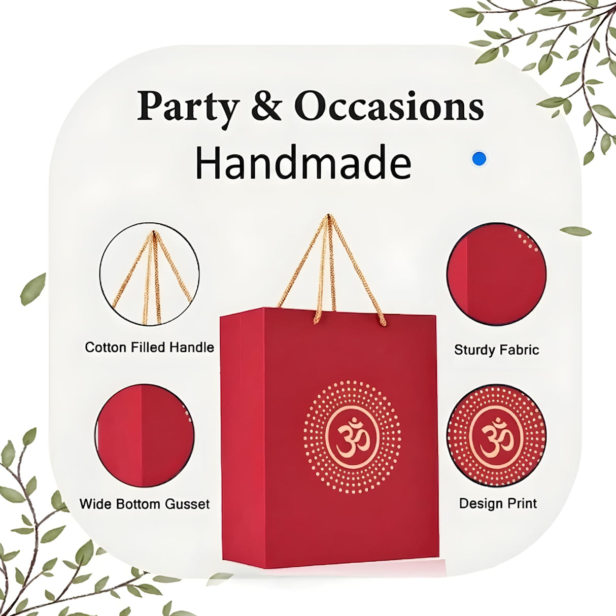 Red handmade eco-friendly fabric gift bag with gold cotton-filled handles and om print for weddings and festivals
