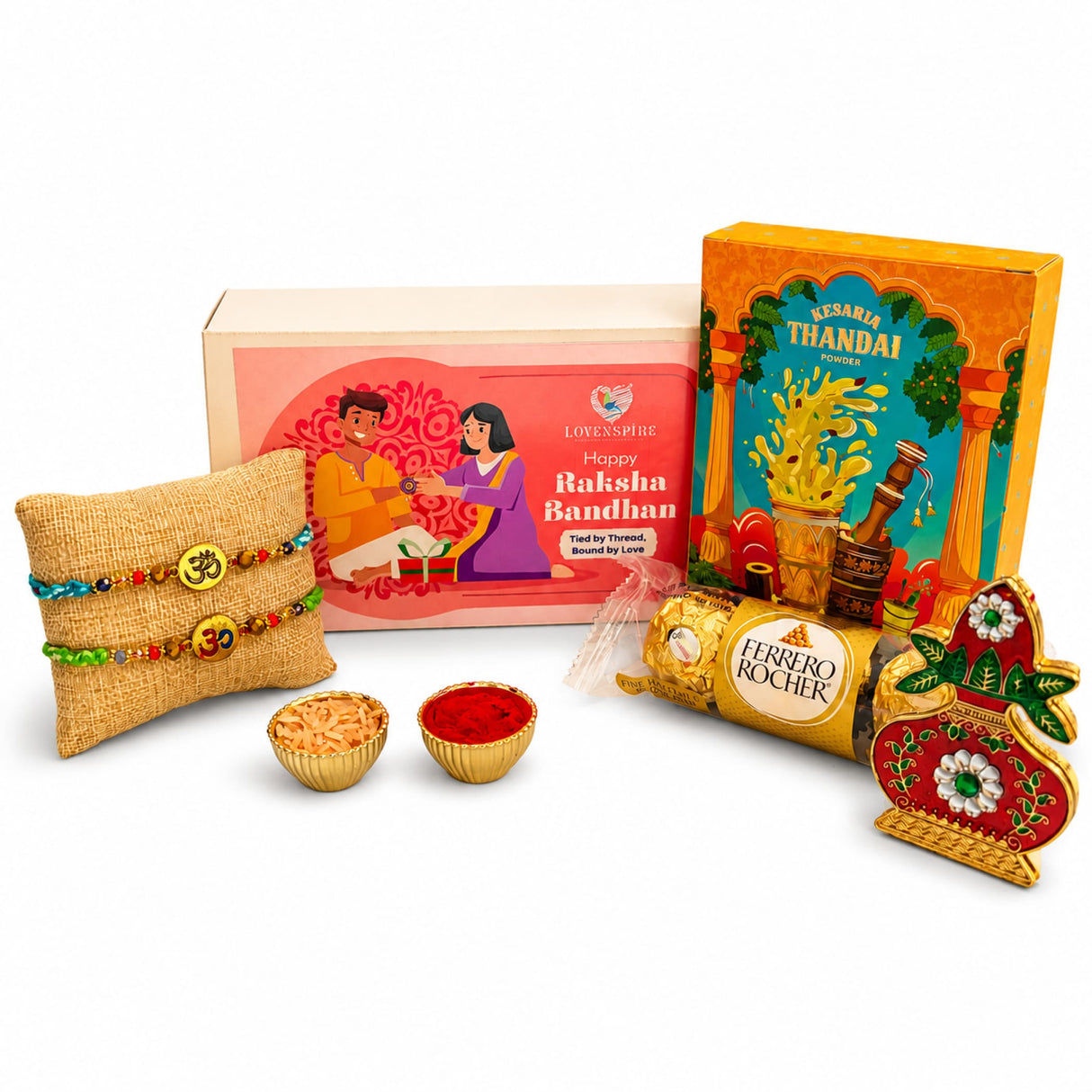 Religious Om Rakhi Hamper for Brother - Includes 2 Colorful Adjustable Bracelet Threads, Chocolate, Haldi Kumkum Holder, Thandai, Roli Chawal & Gift Box