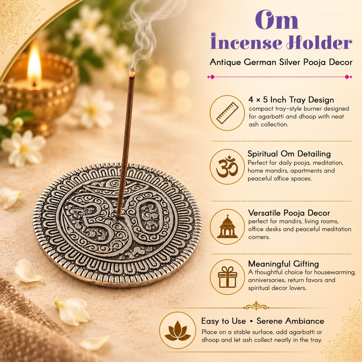 Antique german silver om incense holder with intricate spiritual detailing and 4x5 inch tray for pooja and meditation