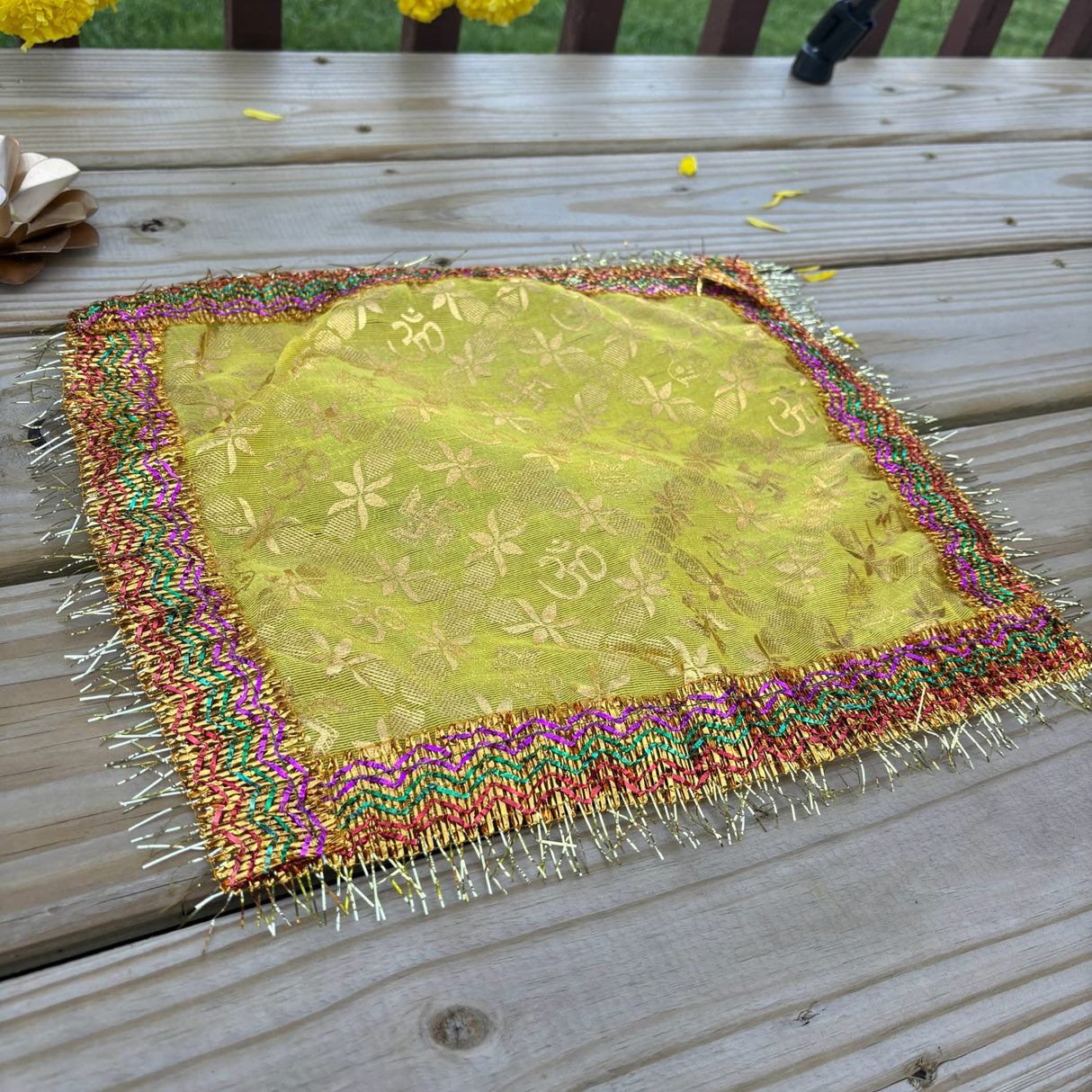 Cloth Pooja Mat Aasan Om Kalash Print Cloth for God Goddess Idol Puja Asan Mandir Temple Home Decor Base Chowki Asana Indian Festival Diwali Decoration Housewarming Gift Mata Ki Chunri - LoveNspire