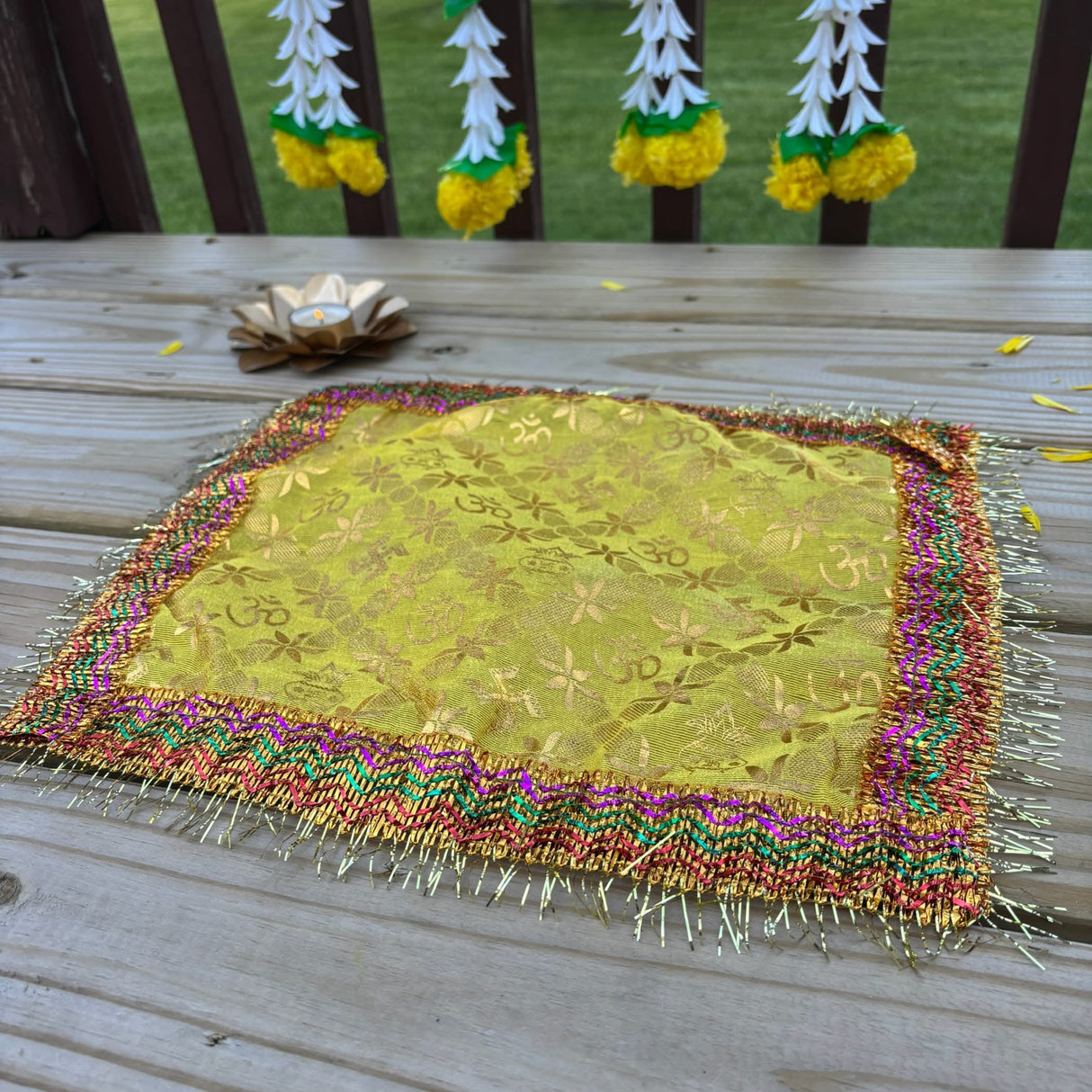 Cloth Pooja Mat Aasan Om Kalash Print Cloth for God Goddess Idol Puja Asan Mandir Temple Home Decor Base Chowki Asana Indian Festival Diwali Decoration Housewarming Gift Mata Ki Chunri - LoveNspire