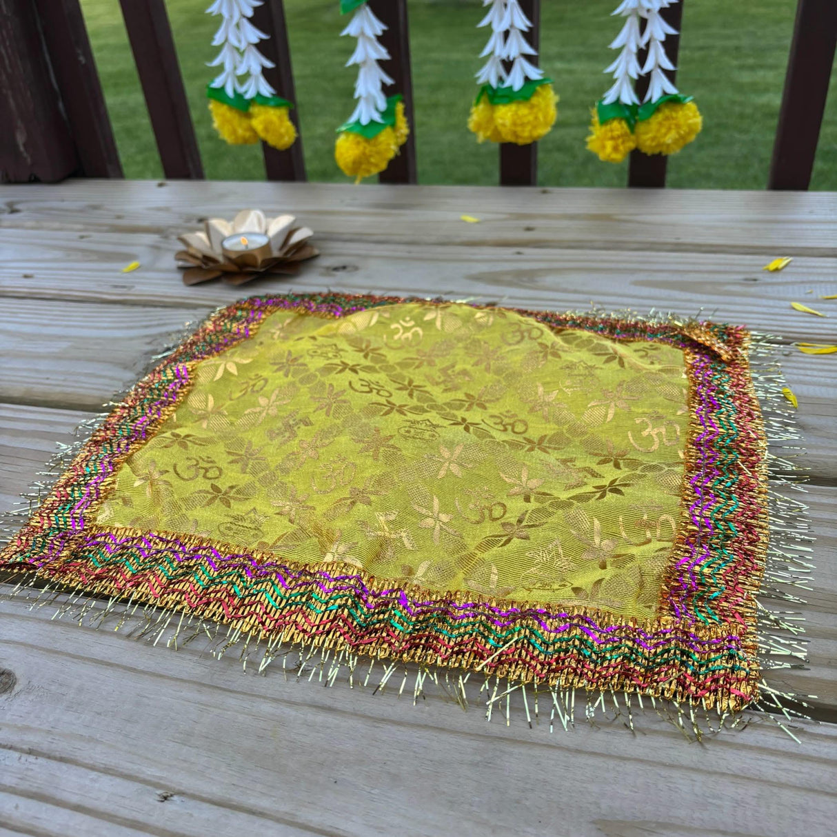 Cloth Pooja Mat Aasan Om Kalash Print Cloth for God Goddess Idol Puja Asan Mandir Temple Home Decor Base Chowki Asana Indian Festival Diwali Decoration Housewarming Gift Mata Ki Chunri - LoveNspire