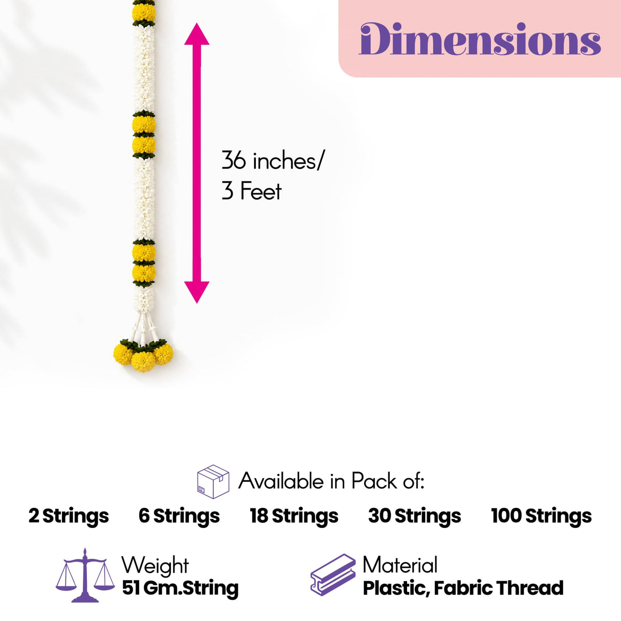 A 36-inch artificial jasmine marigold garland with bright yellow and white plastic and fabric flowers for festive decorations