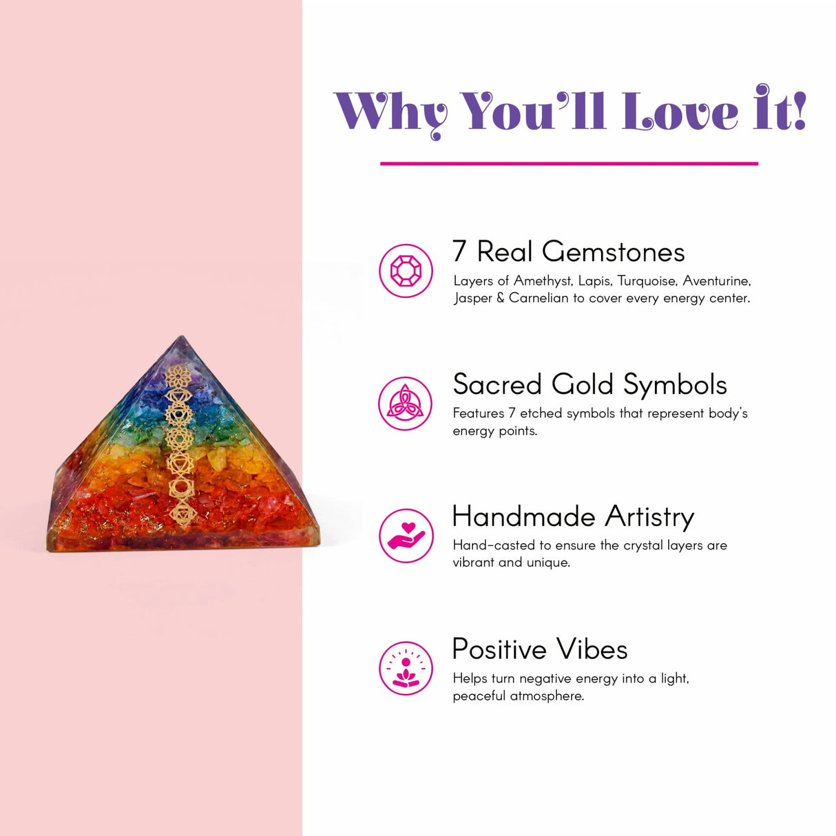 Orgonite pyramid with rainbow colors, real gemstones, and gold symbols for chakra healing and spiritual energy