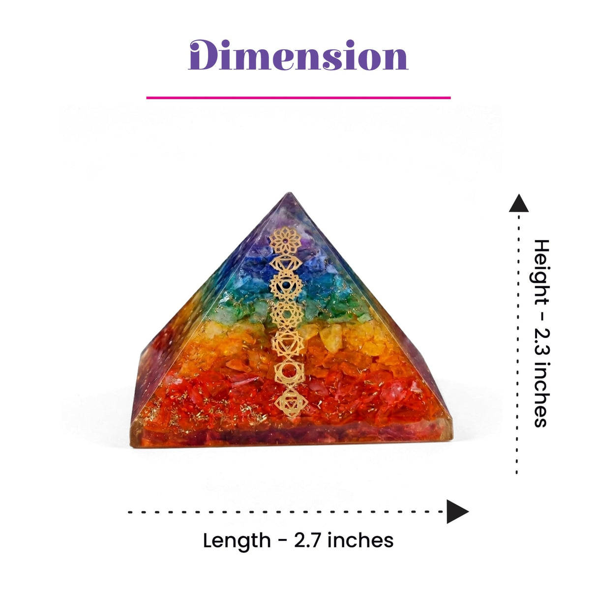 A vibrant rainbow-colored orgonite pyramid with embedded golden chakra symbols for spiritual healing and meditation