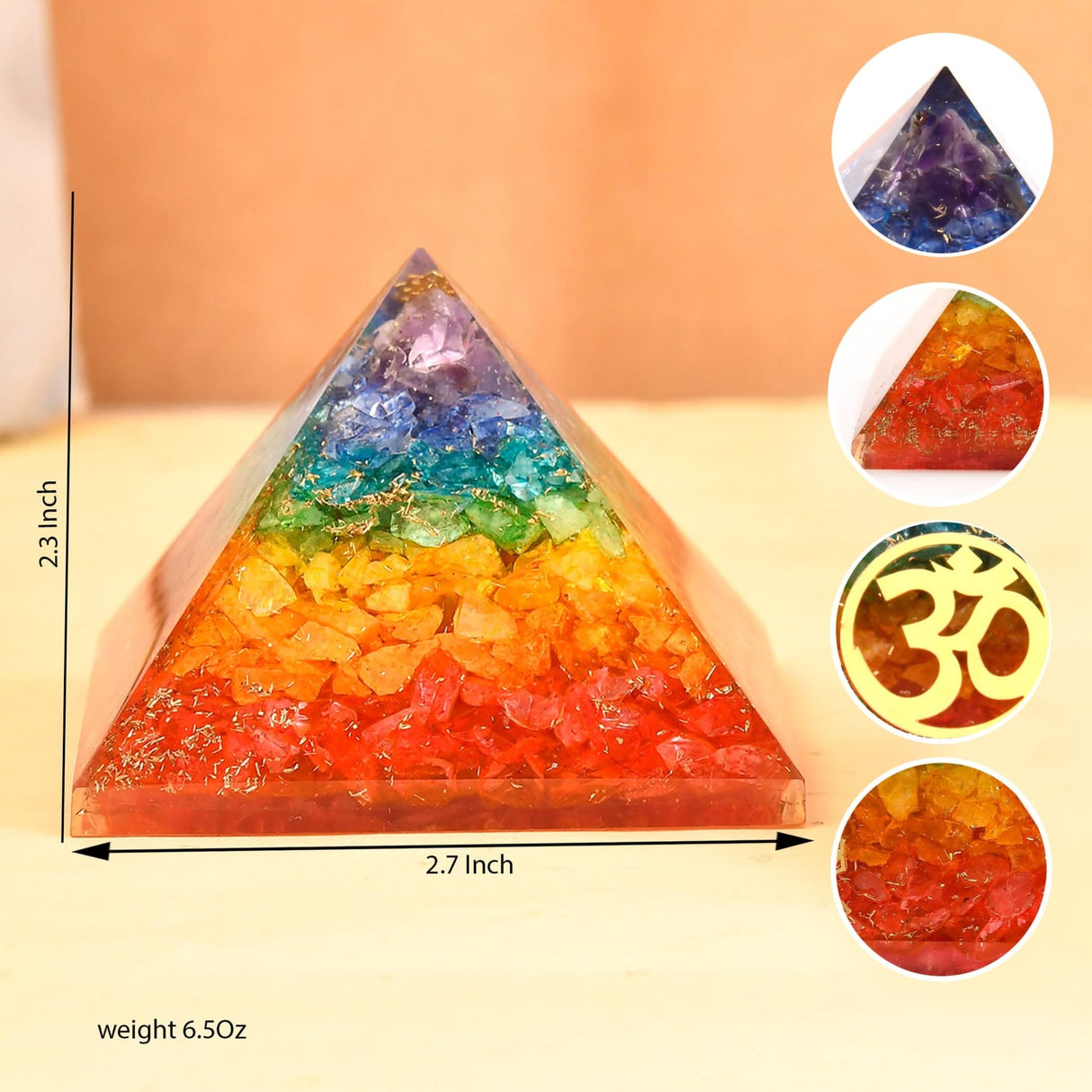 Rainbow-layered orgone pyramid with chakra gemstones for spiritual healing and meditation