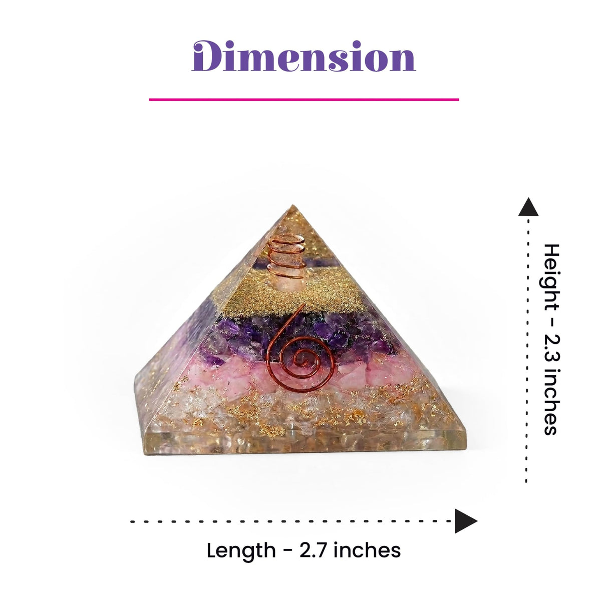 Orgonite pyramid with purple pink crystals gold leaf and copper spiral for chakra healing meditation decor