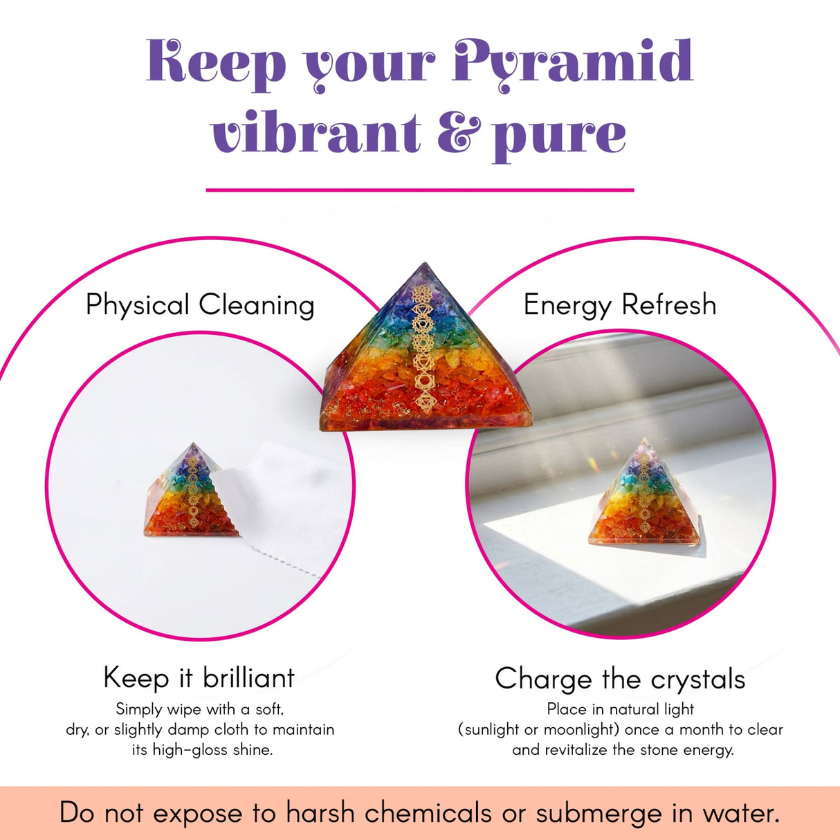 Orgonite pyramid with rainbow-colored resin and embedded golden chakra symbols for spiritual healing and meditation