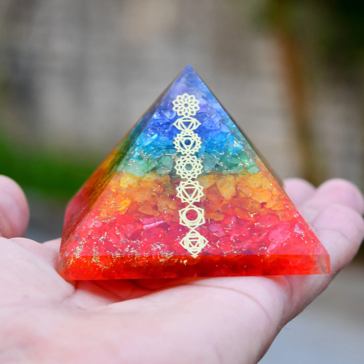 Rainbow-colored Orgone Pyramid with Seven Chakras for Healing and Spiritual Balance