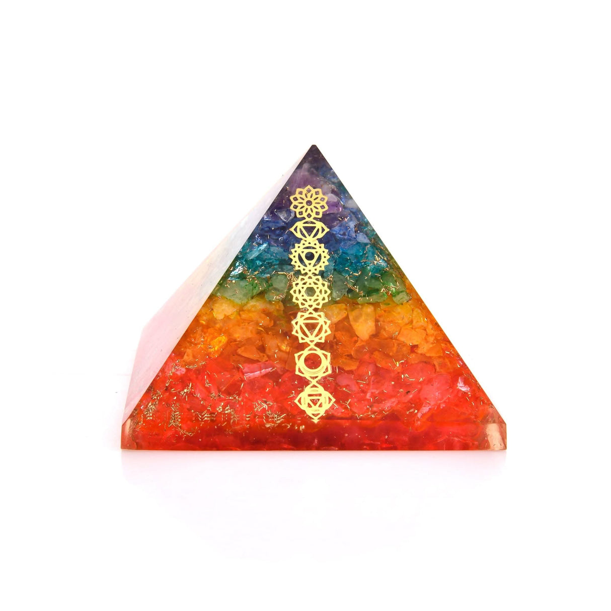 Rainbow-colored crystal pyramid with chakra symbols for spiritual healing and meditation
