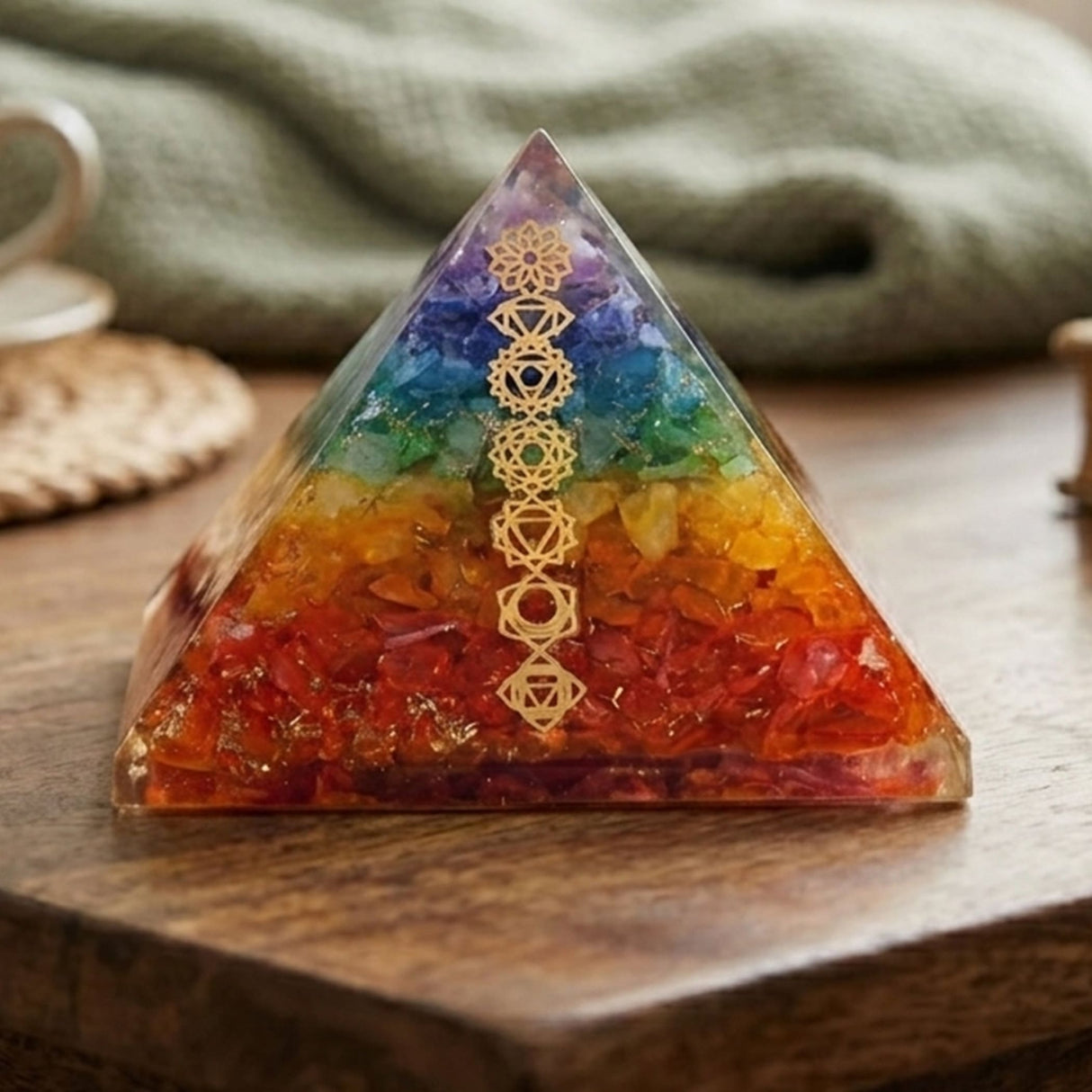 Orgonite pyramid filled with rainbow-colored crystal chips and adorned with a golden chakra symbol for spiritual healing