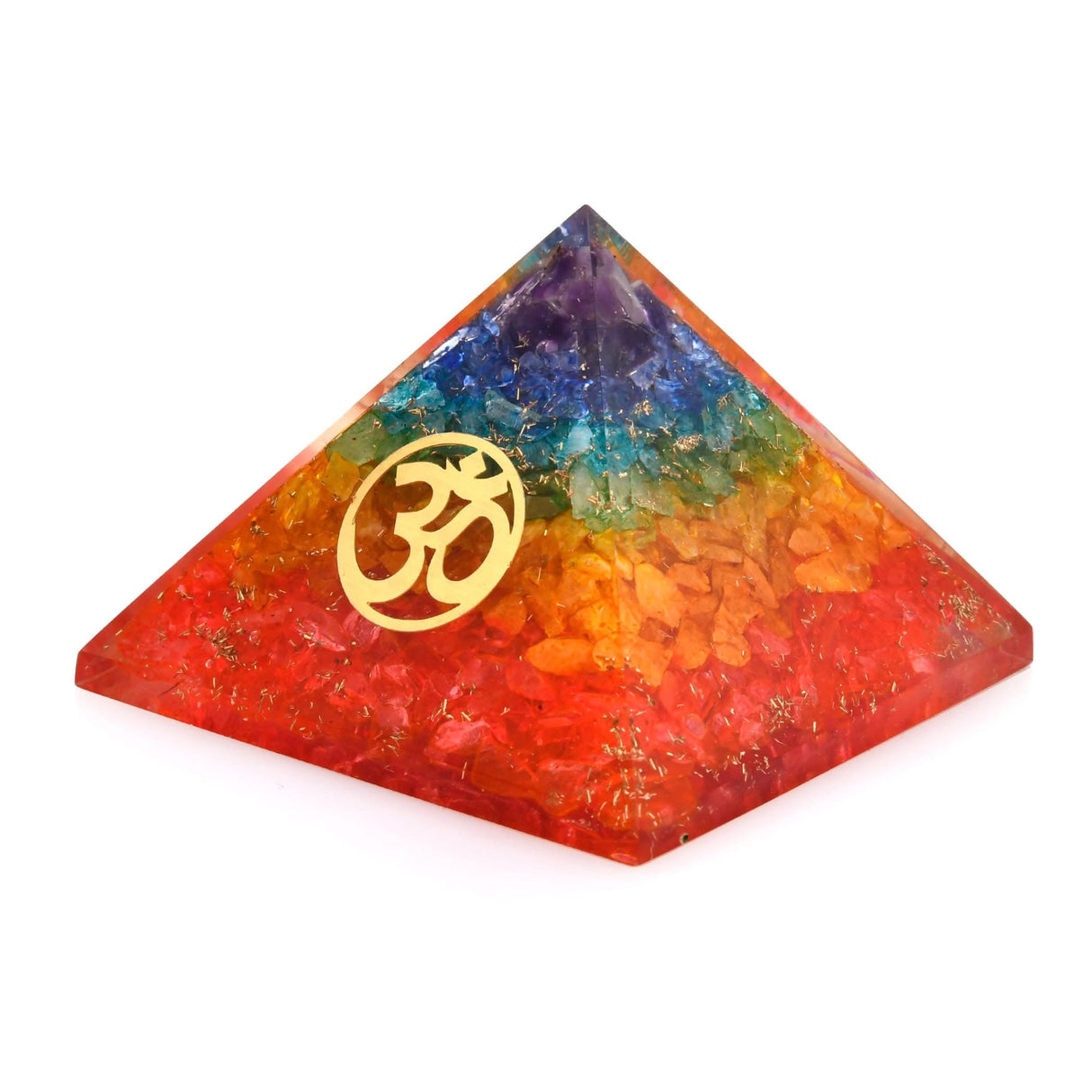 Rainbow-colored orgone pyramid with Om symbol for chakra healing and spiritual energy