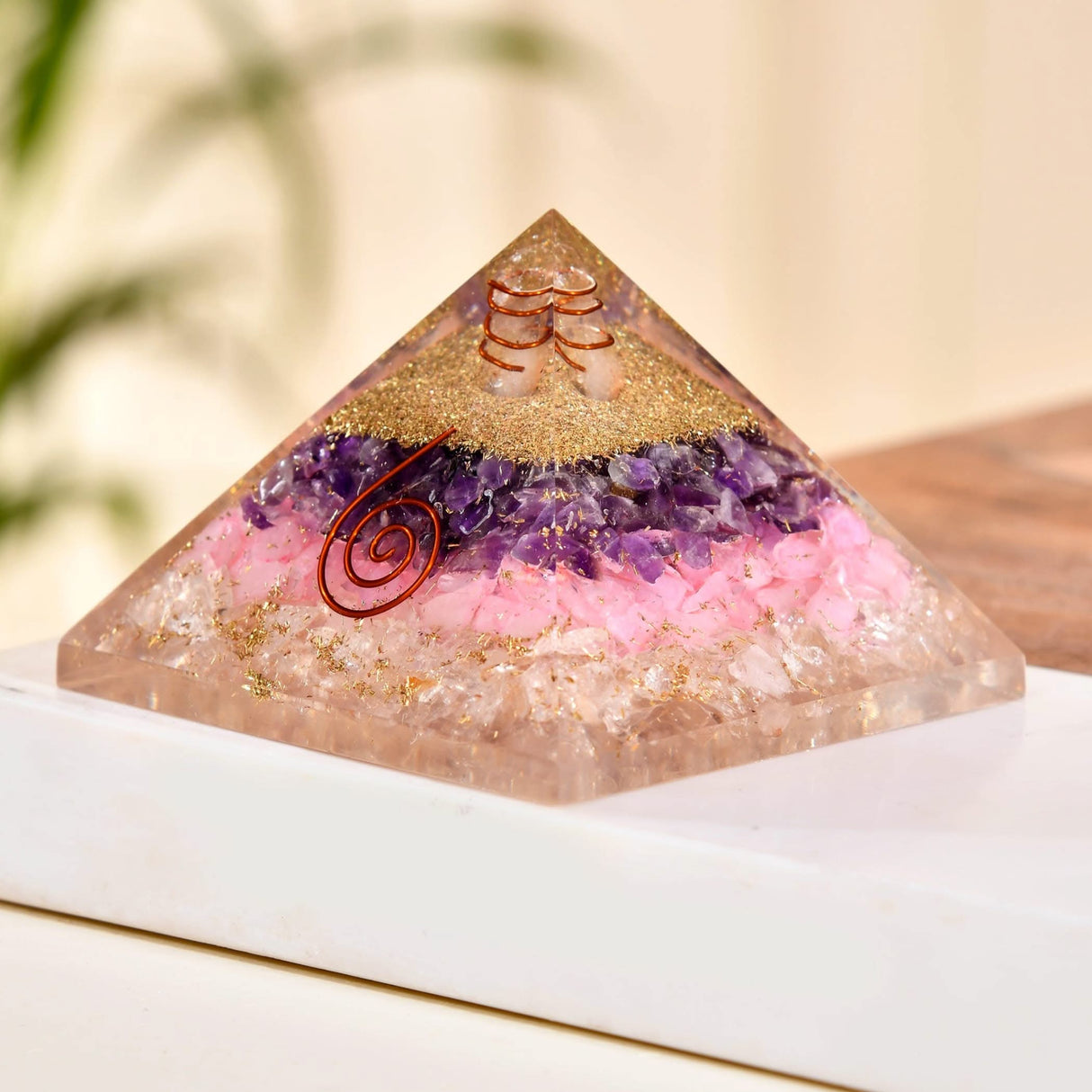 Layered crystal orgone pyramid with Amethyst and Rose Quartz for Chakra Healing