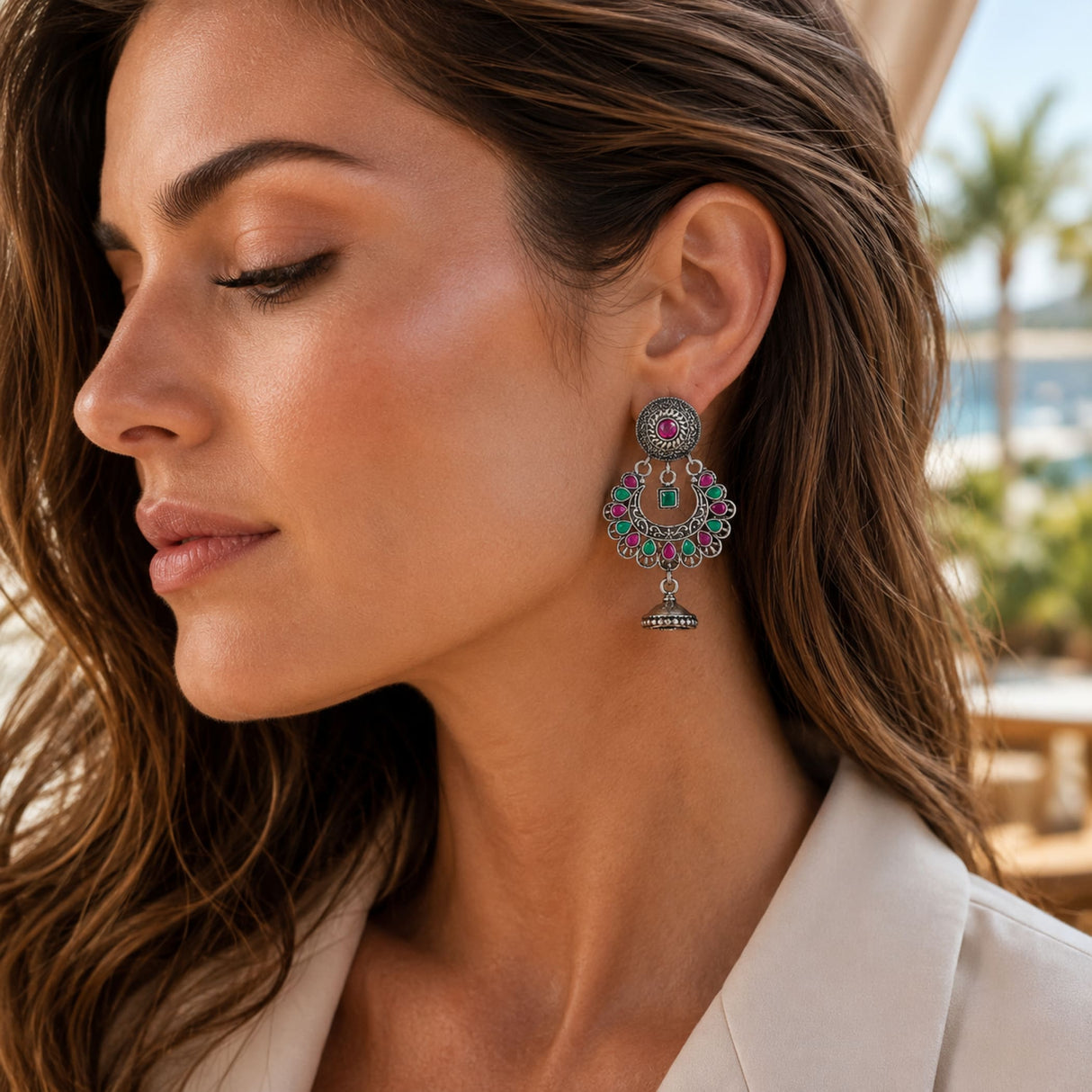 Silver oxidized floral chandbali earring with vibrant pink and green gemstones and intricate filigree design for ethnic wear