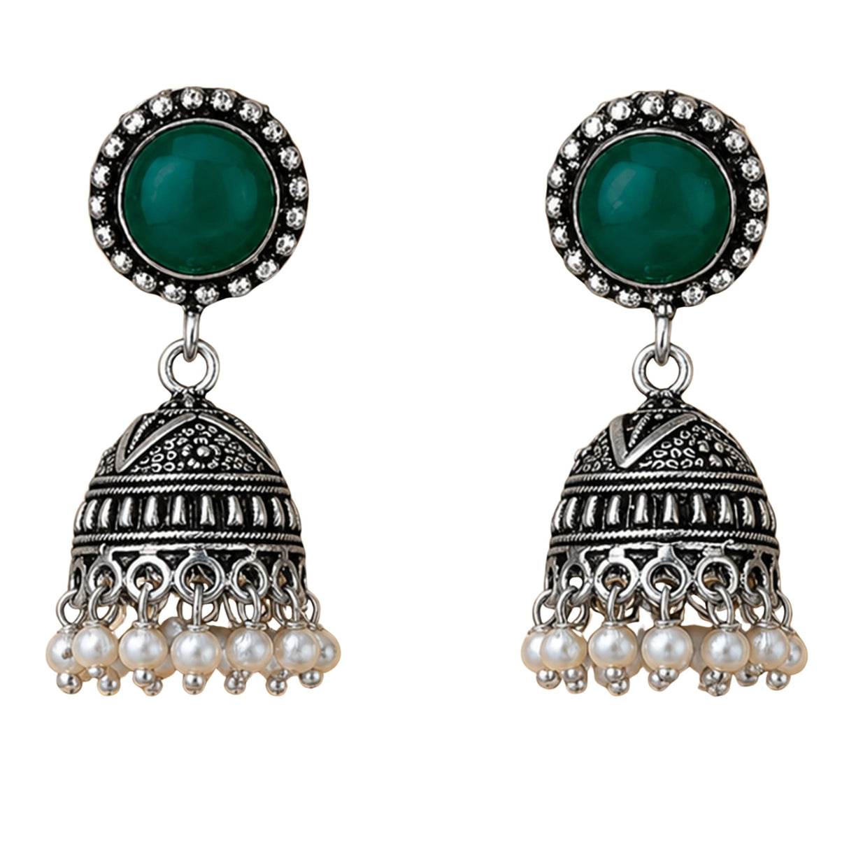 Silver oxidized floral jhumka earrings with green stone centerpiece clear crystals and faux pearl dangles for ethnic wear