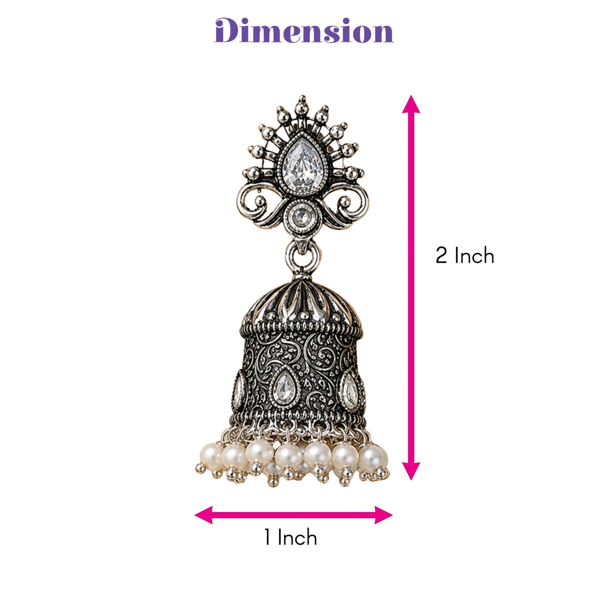 Silver oxidized floral jhumka earring with intricate filigree clear crystals and white faux pearls for wedding and ethnic wear