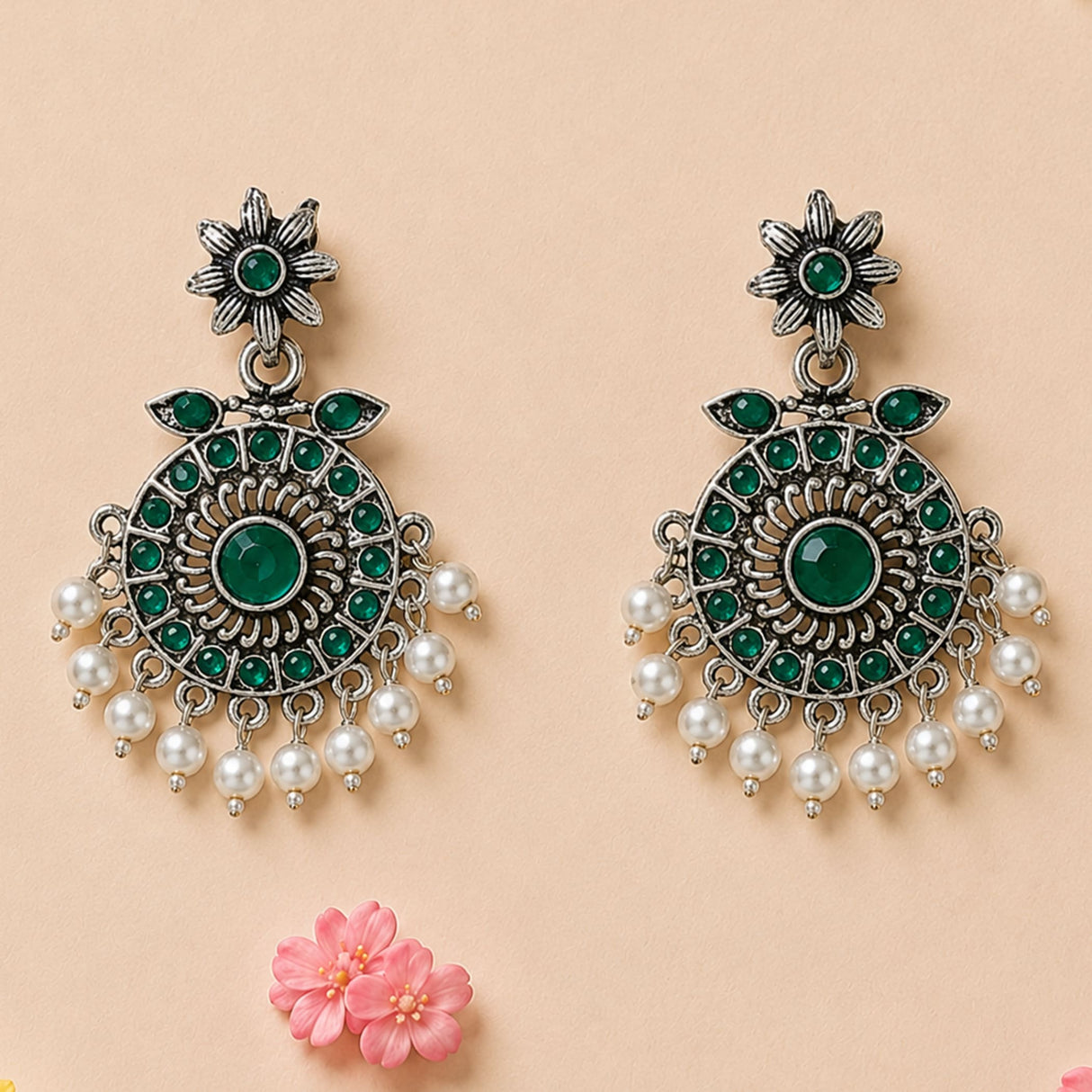 Silver-toned Indian oxidized chandbali earrings with floral design, emerald green gemstones, and white faux pearl drops