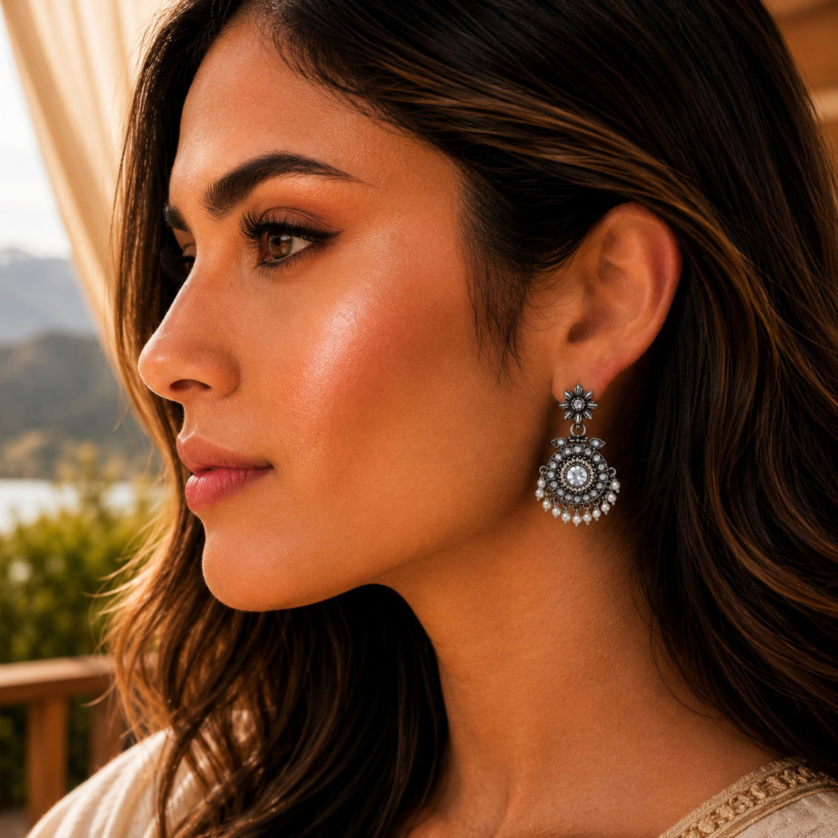 Silver and white embellished oxidized floral chandbali earrings with faux pearls for diwali wedding and ethnic wear