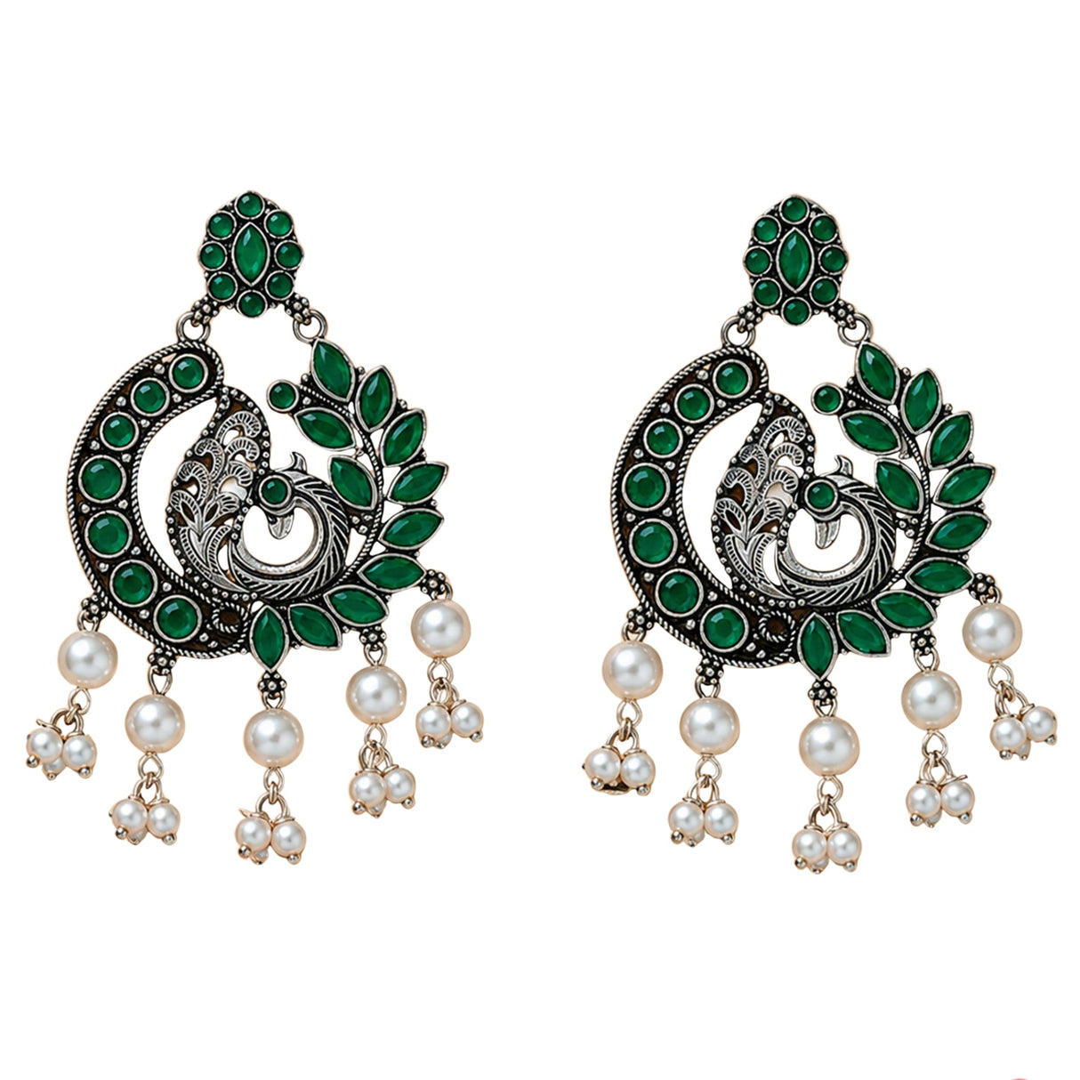 Elegant silver tone boho peacock chandbali earrings with emerald stones and white pearl dangles for ethnic wear