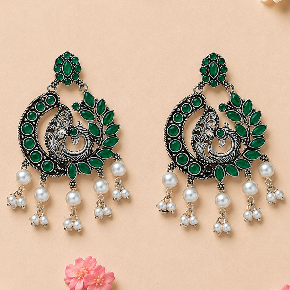 Elegant green and silver boho peacock chandbali earrings with oxidized finish and pearl dangle for weddings and ethnic wear