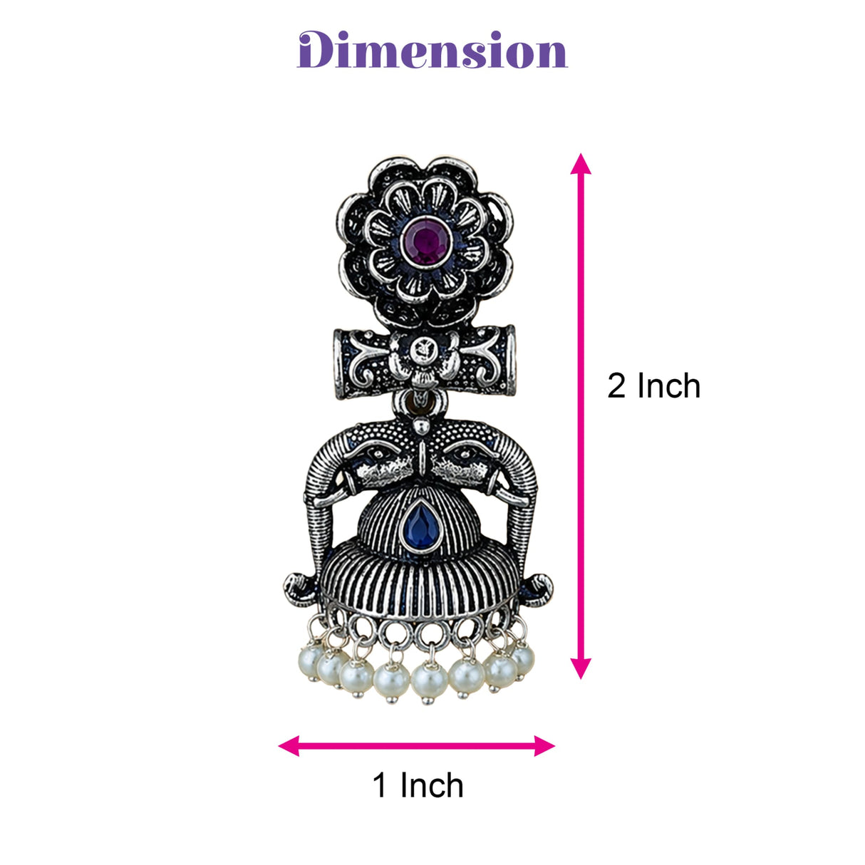 Silver oxidized floral jhumka earring with elephant design, purple and blue stones, and dangling white faux pearls