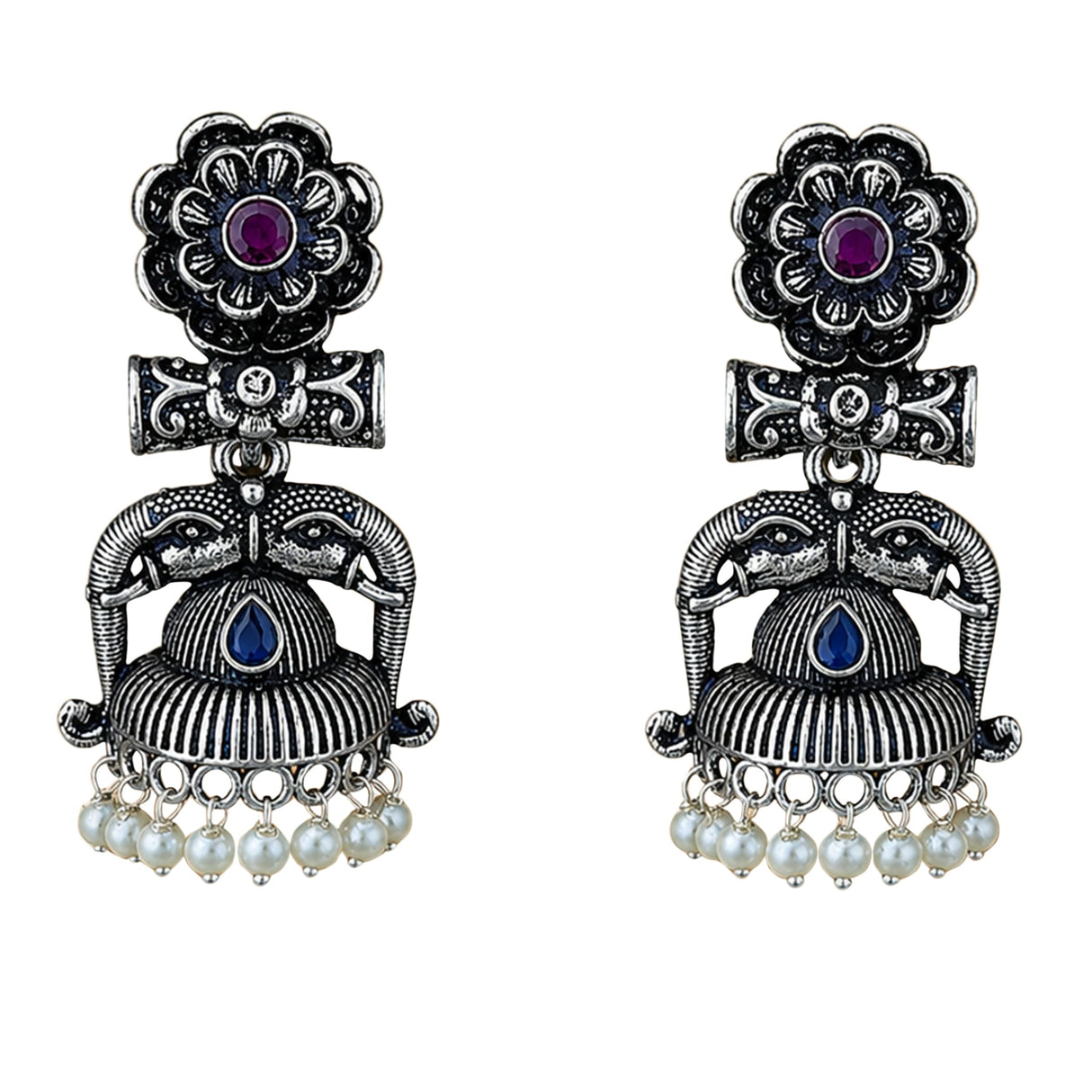 Indian oxidized silver jhumka earrings with intricate floral elephant designs, purple and blue stones, and faux pearl dangles