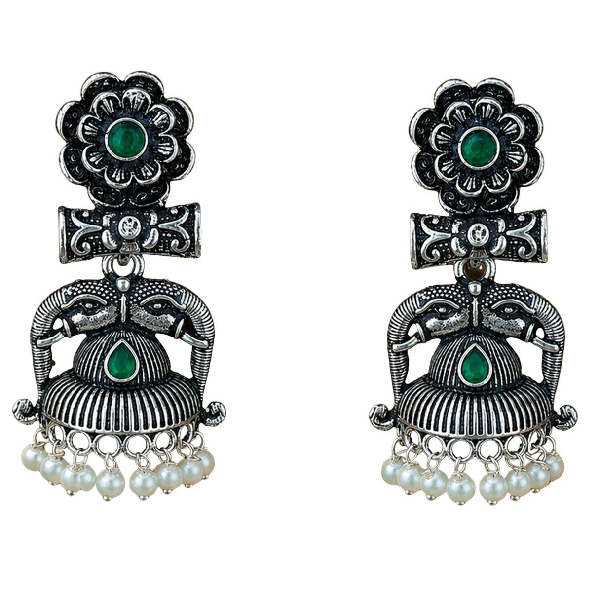 Silver oxidized floral jhumka earrings with green gemstone accents and pearl drops for diwali and ethnic wear