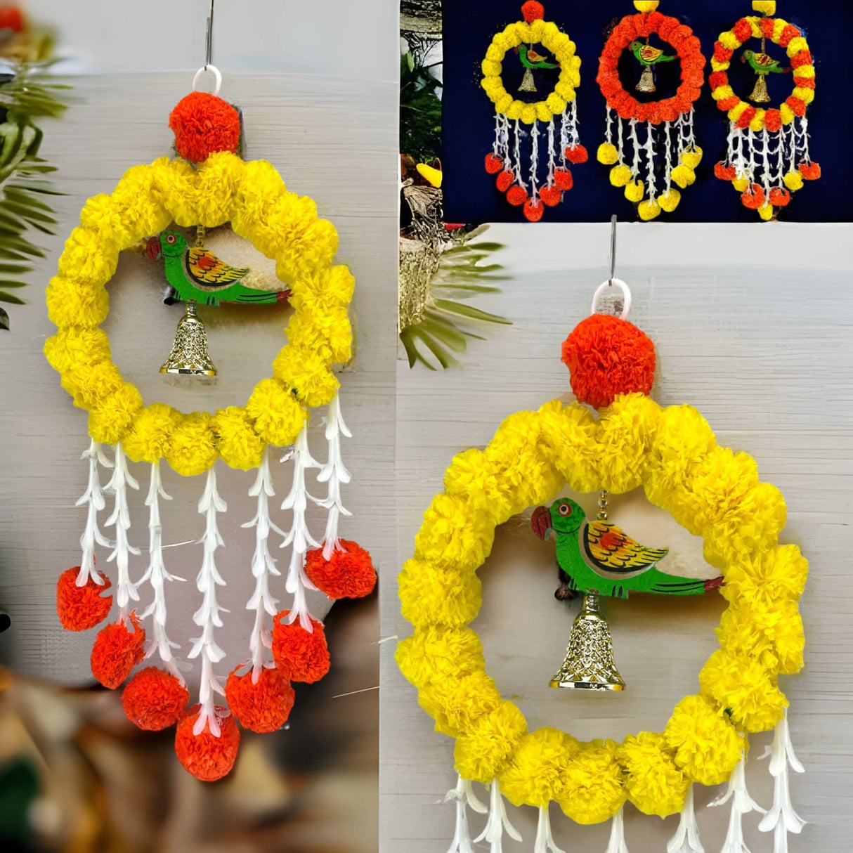 Pack of 1 Parrot Marigold Hanging Jhoomer Marigold Wall Hanging Artificial Flowers Wedding Garland Pooja Backdrop Indian Mehndi Decor Diwali Decor Latkan - LoveNspire