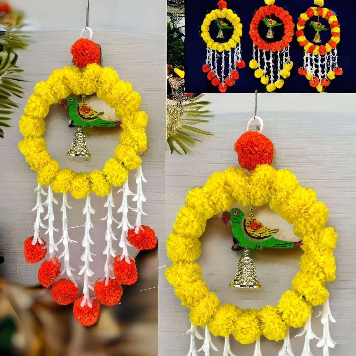 Pack of 1 Parrot Marigold Hanging Jhoomer Marigold Wall Hanging Artificial Flowers Wedding Garland Pooja Backdrop Indian Mehndi Decor Diwali Decor Latkan - LoveNspire