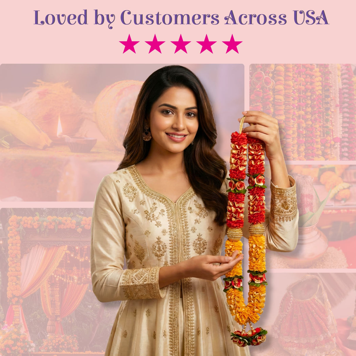 Vibrant red yellow floral varmala garland in womans hands for wedding