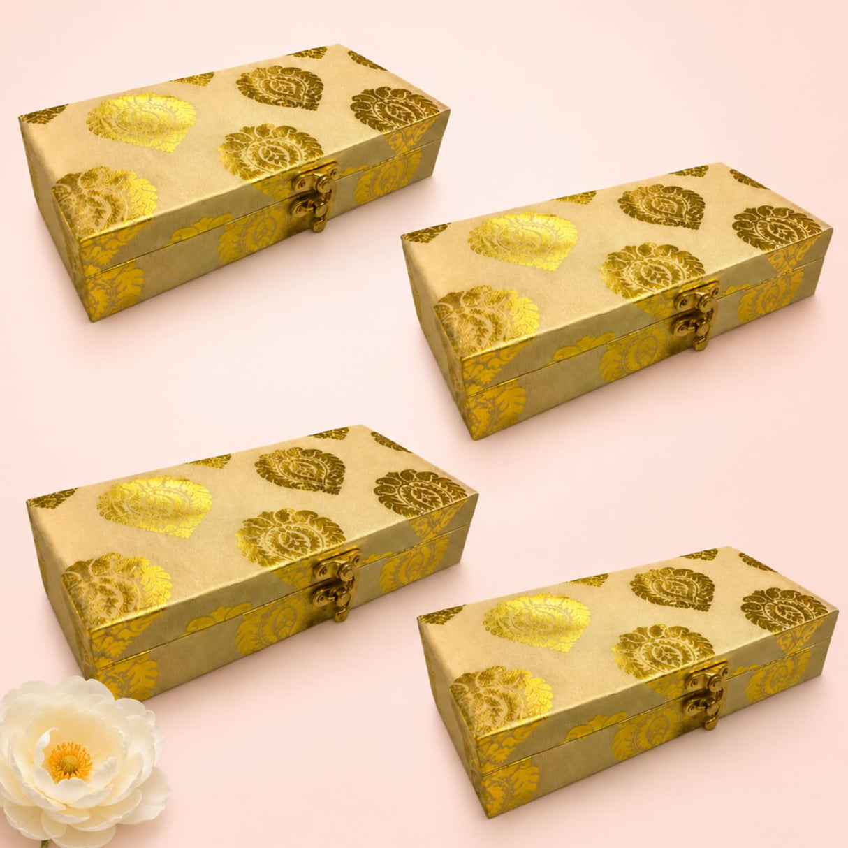 Pack of 4 gold-patterned brocade jewelry organizer boxes with ornate floral designs and metallic clasps for wedding favors