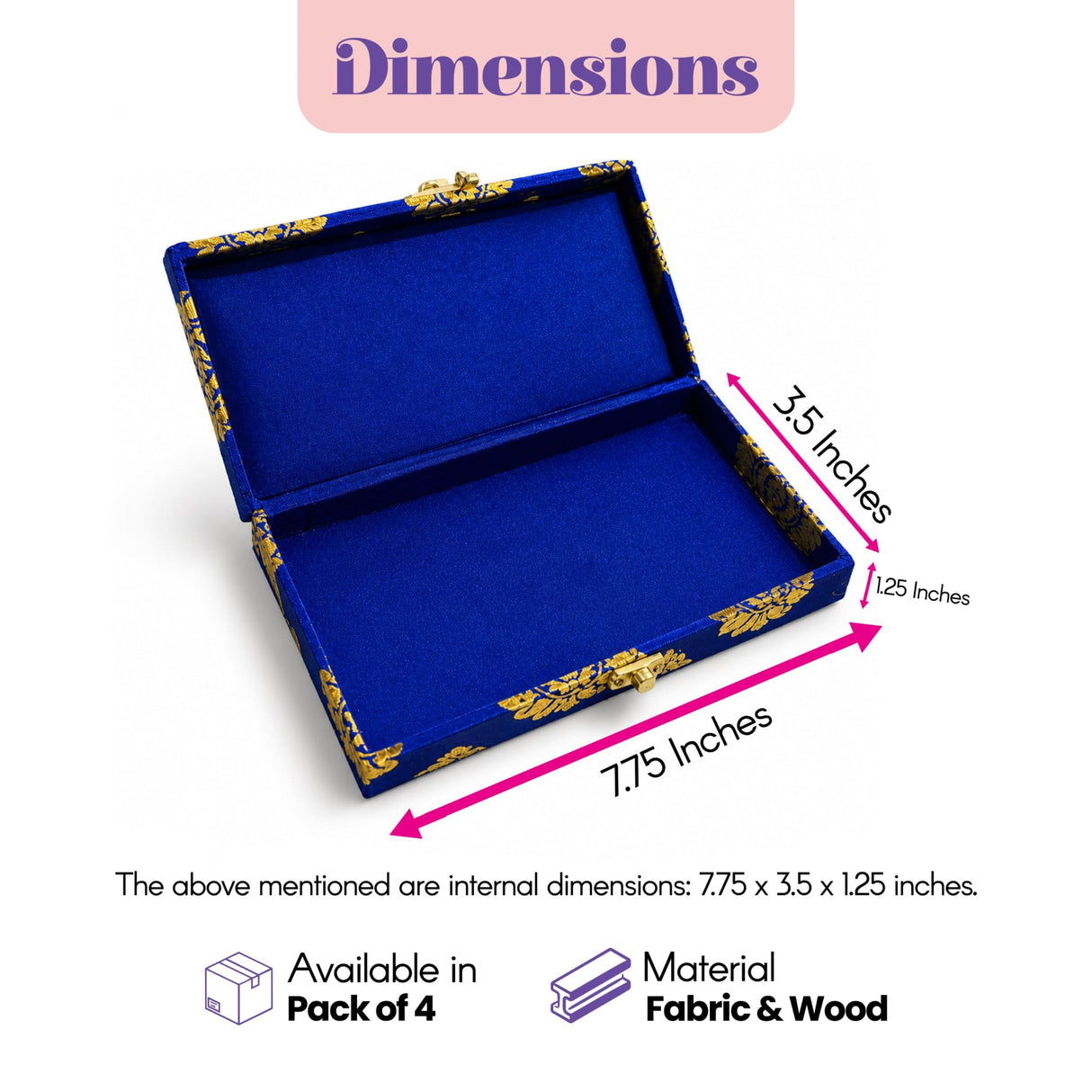 Blue brocade fabric jewelry organizer box with gold floral trim wooden frame for traditional indian wedding favors
