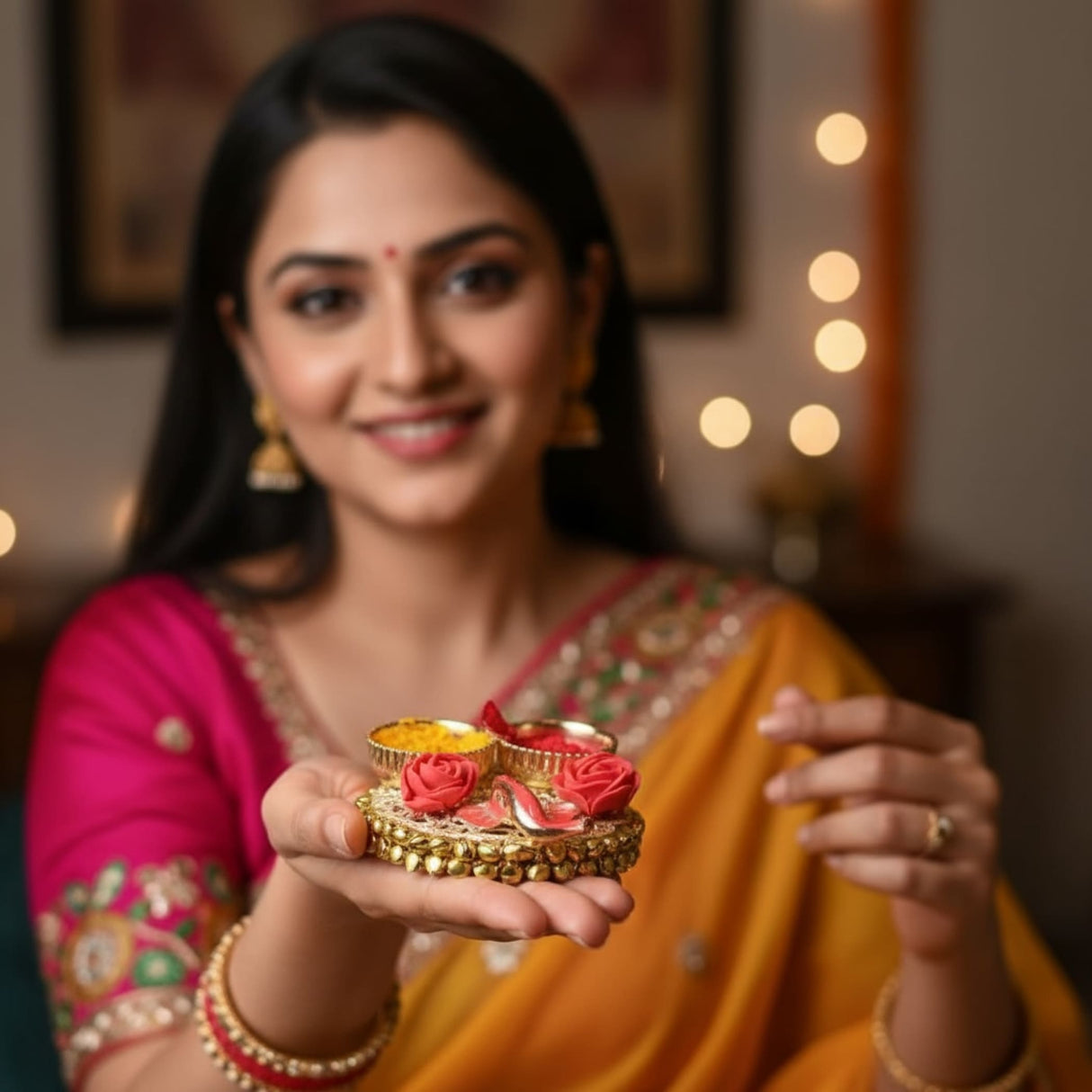 Golden diya candle holder with red roses and yellow candles for Indian wedding and pooja gifts