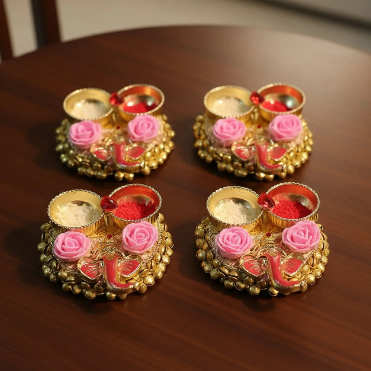 Pack of 4 Ganesha Bulk Haldi Kumkum Thali Holder Pooja Return Gift Indian Housewarming Gifts Haldi Kumkum Holders Roli Chawal Platter Indian Wedding Favor - LoveNspire