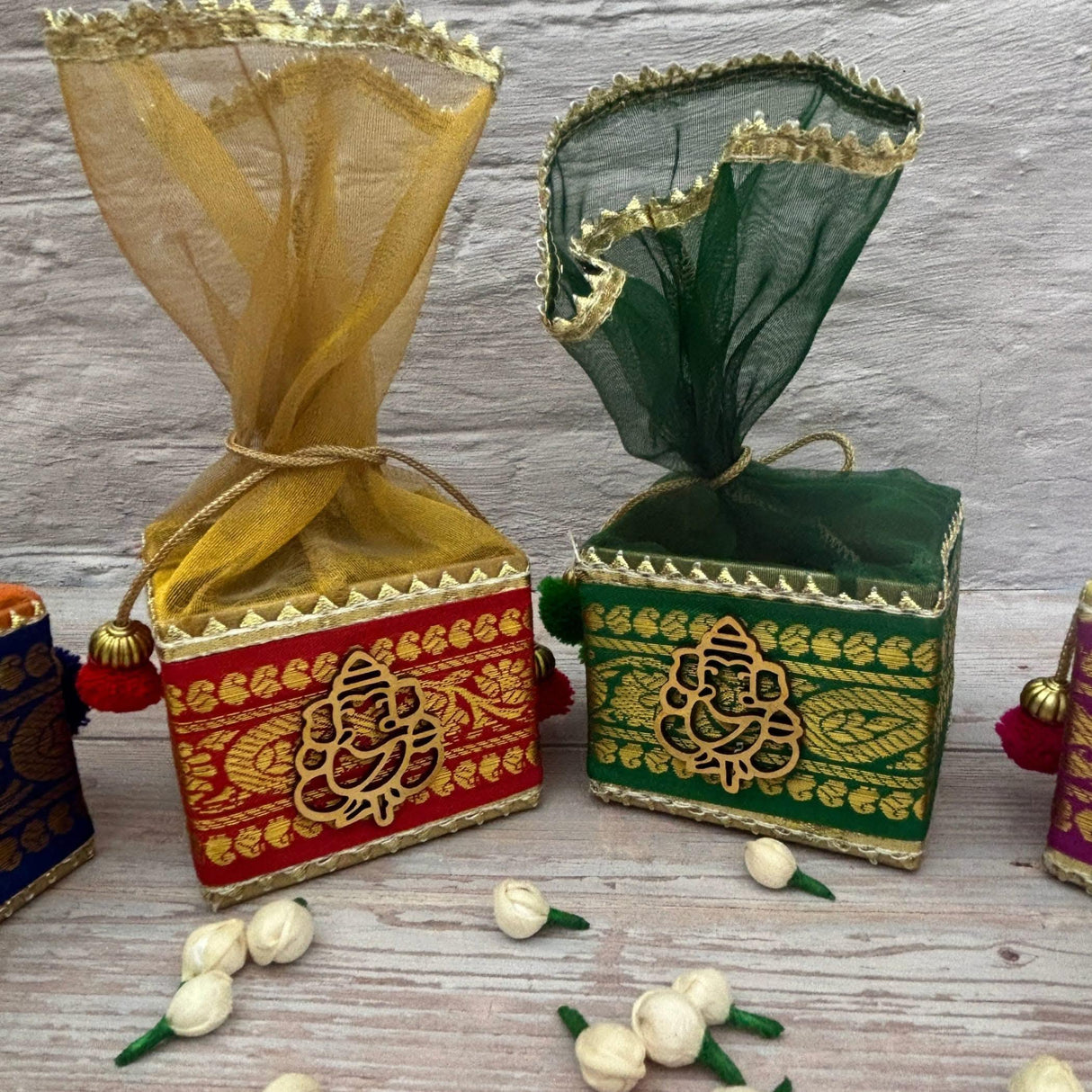 Pack of 4 Small Potli Gift Box Decorative Net Ganesha Potli for Dry Fruits Jewelry Organizer Packing Return Gift Indian Wedding Mehndi Festival Favors Housewarming Gift - LoveNspire