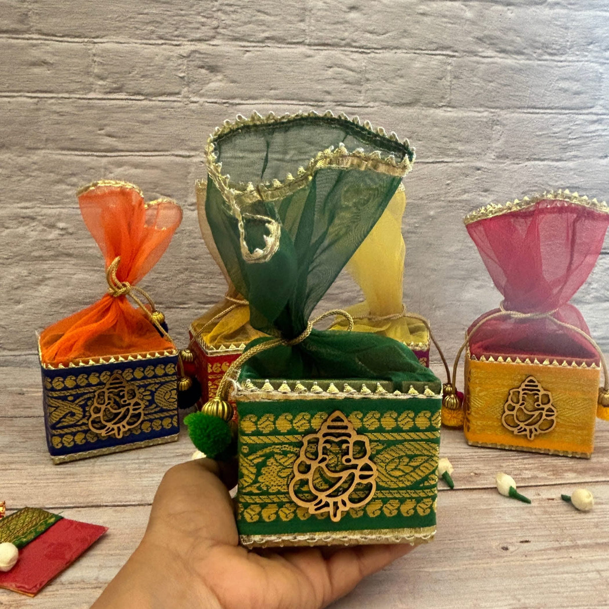 Pack of 4 Small Potli Gift Box Decorative Net Ganesha Potli for Dry Fruits Jewelry Organizer Packing Return Gift Indian Wedding Mehndi Festival Favors Housewarming Gift - LoveNspire
