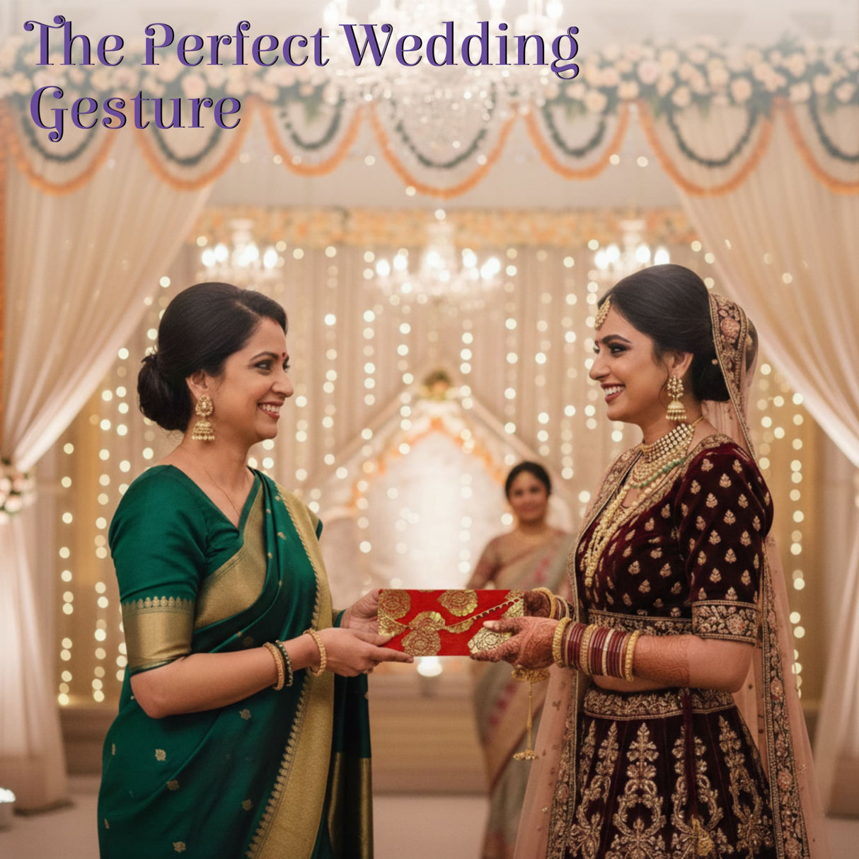 Red brocade money envelope with gold patterns, magnetic tip shagun lifafa