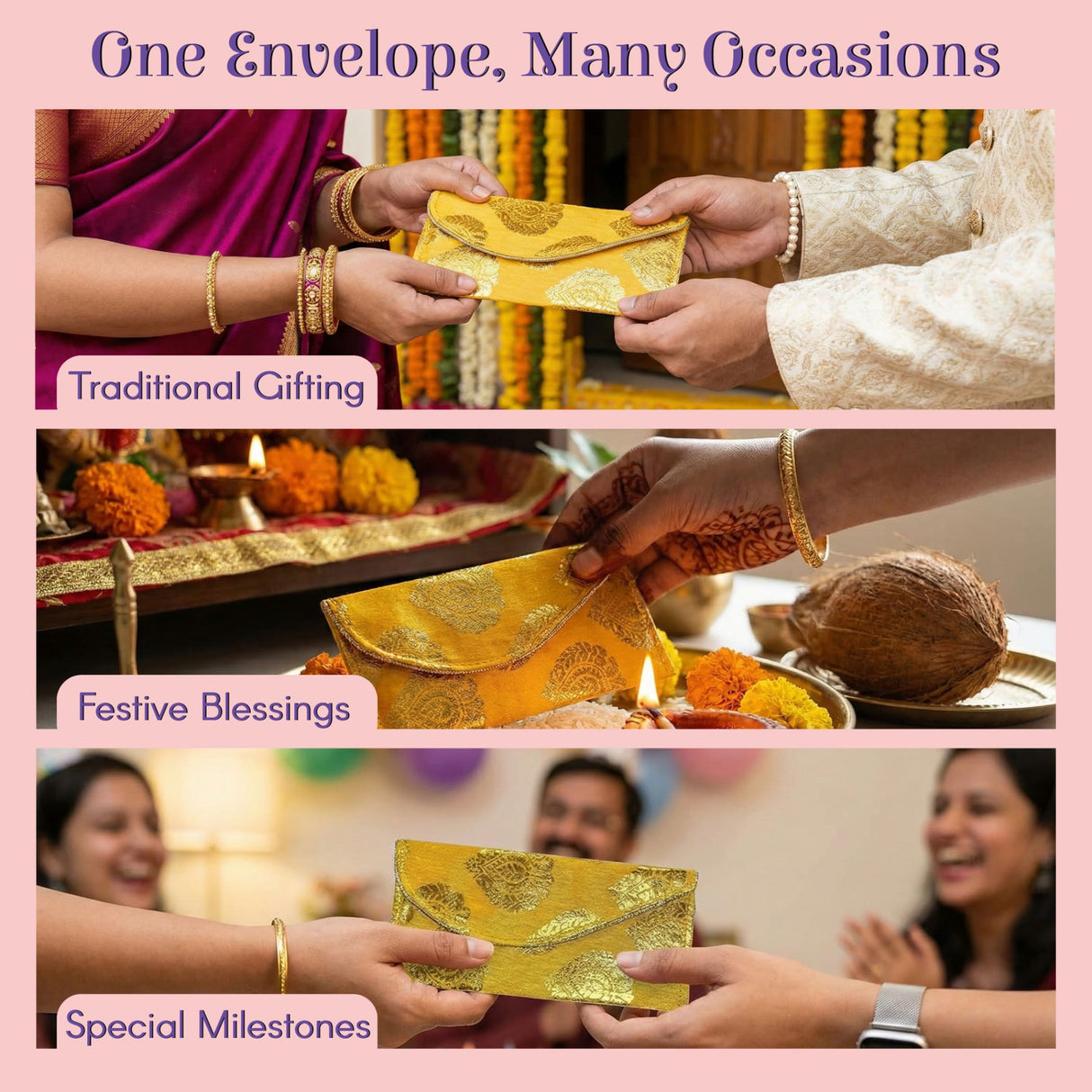 Golden embroidered paisley brocade money envelope shagun lifafa