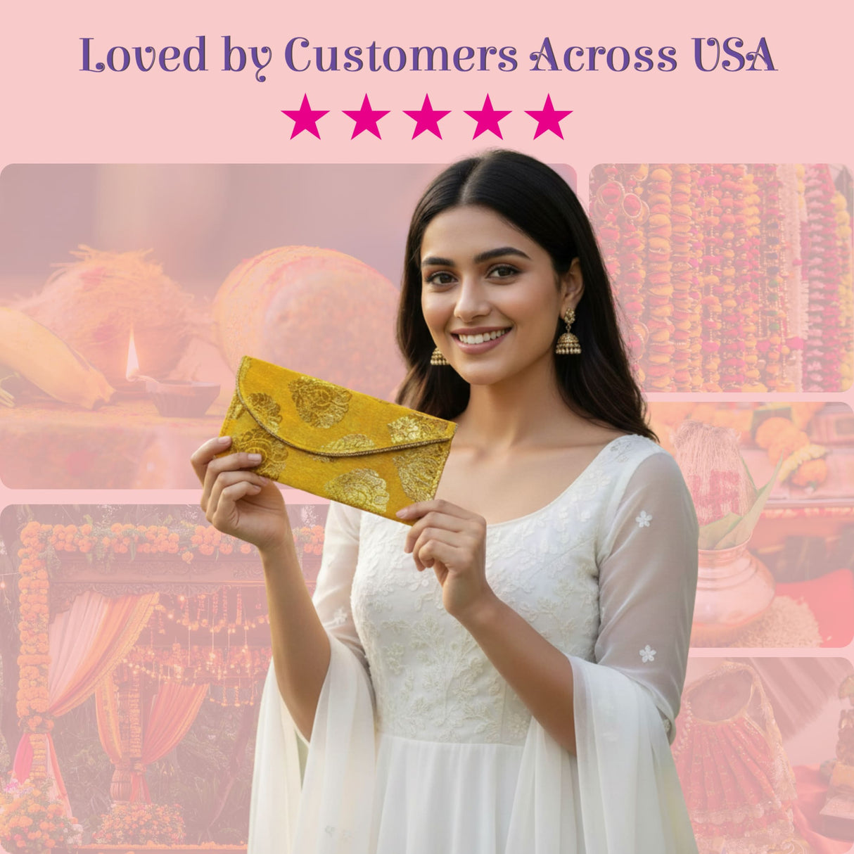 Yellow embroidered clutch with gold floral brocade patterns, magnetic tip shagun envelope