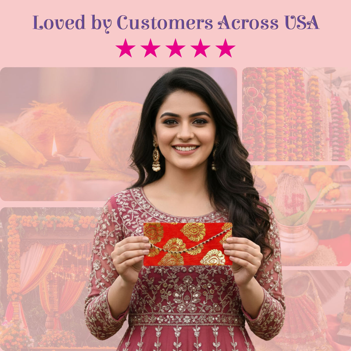 Red gold embroidered clutch with chain strap and brocade money envelopes