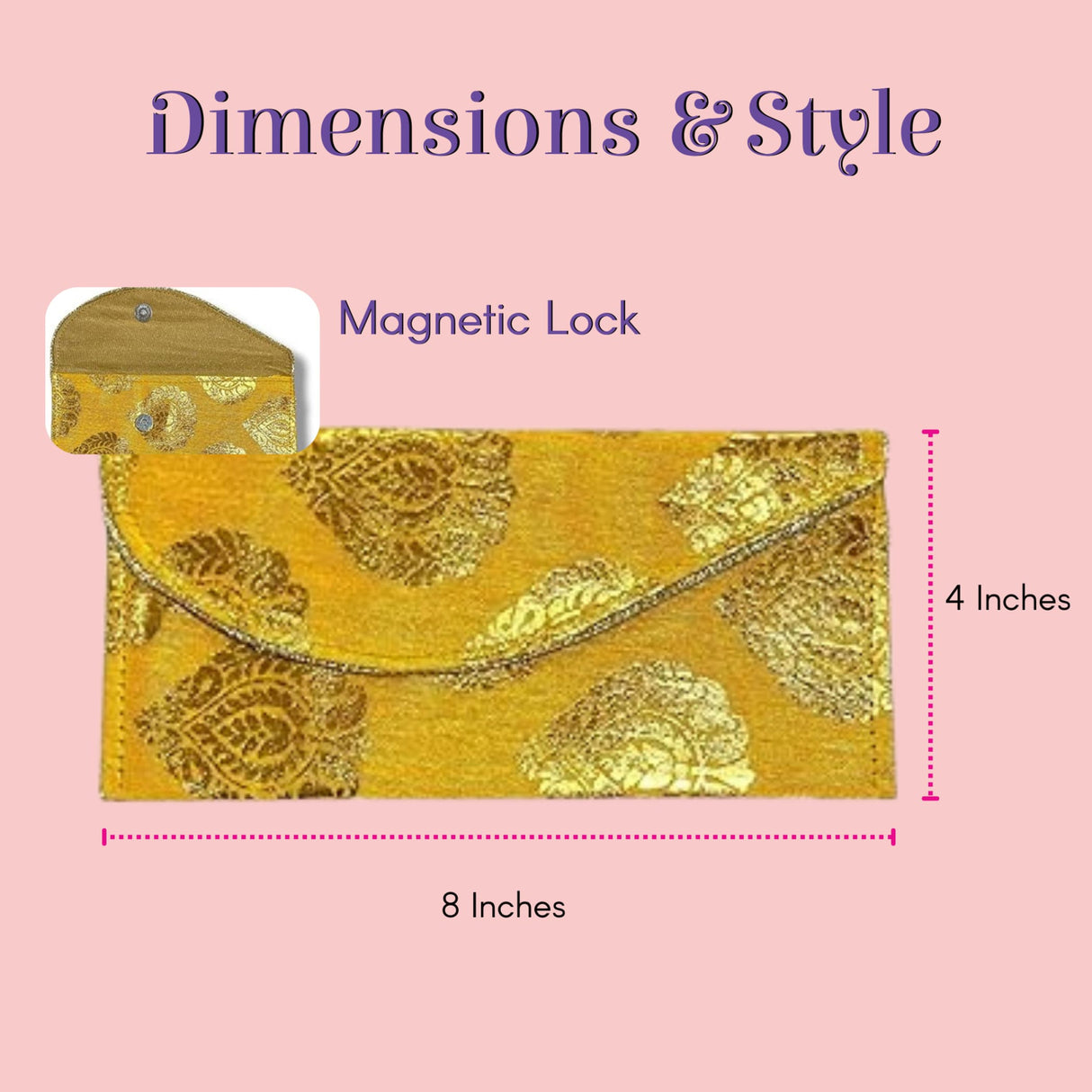 Vibrant yellow brocade money envelope with gold paisley embroidery, magnetic closure