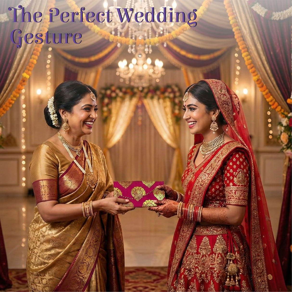 Vibrant magenta brocade money envelope with gold floral patterns, pack of 5