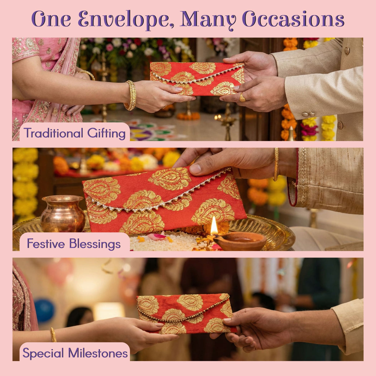 Red gold brocade money envelope with beaded trim, pack of 5 shagun lifafa