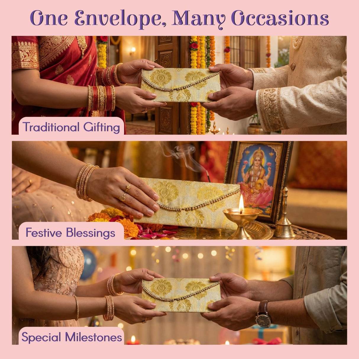 Gold-patterned brocade money envelope with beaded edge for Diwali shagun gifts